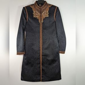 Poshak Mens Black Sherwani Jacket Long Beaded Embroidered Wedding